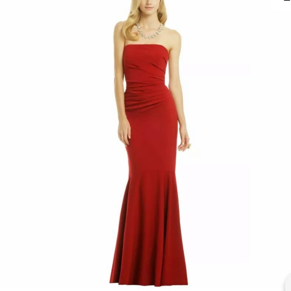 Badgley Mischka Red Strapless Ruched Mermaid Gown